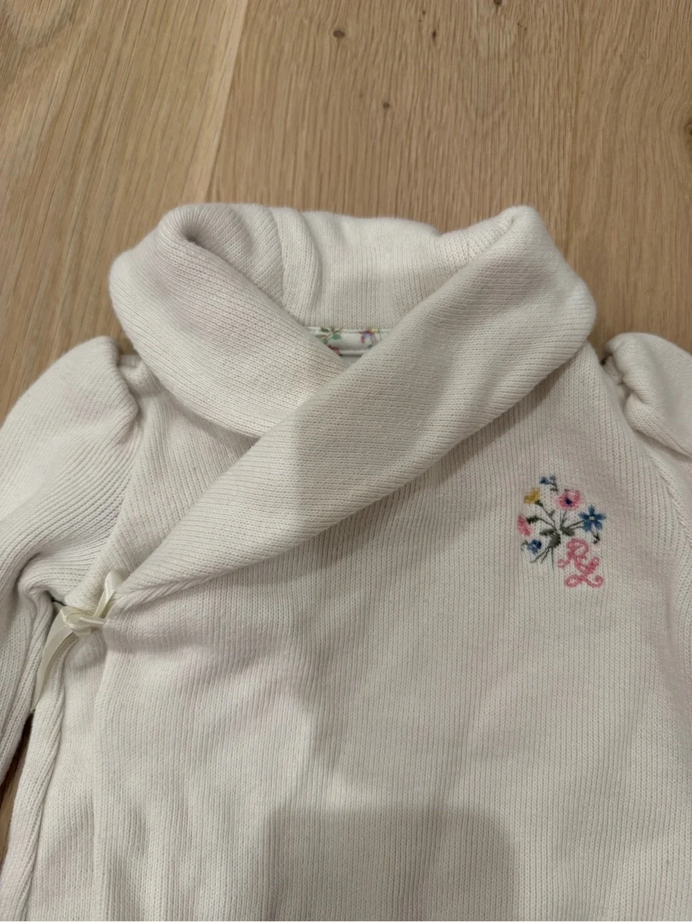 Ralph Lauren Cream Knit Baby One-Piece with Embroidered Floral Detail